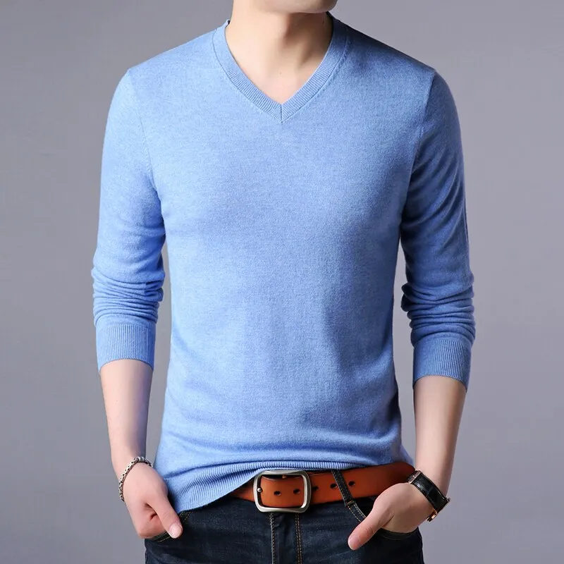 100% Wool Top Grade New Fashion Brand Knit Mens V Neck Sweater