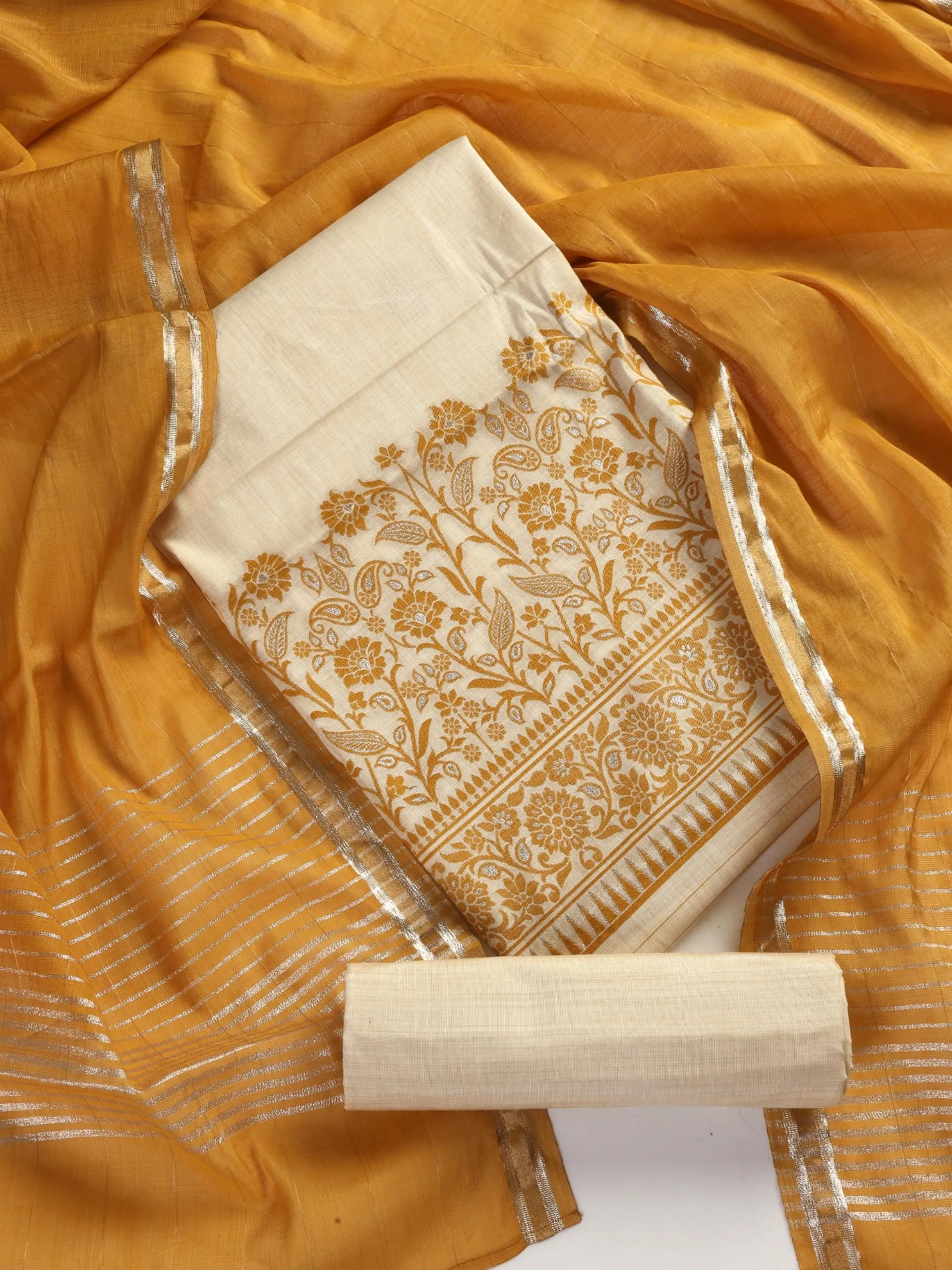 3 pc Unstitched Suit SET - Yellow Jacquard Paisley Kurta with Zari Dupatta and Pyjama