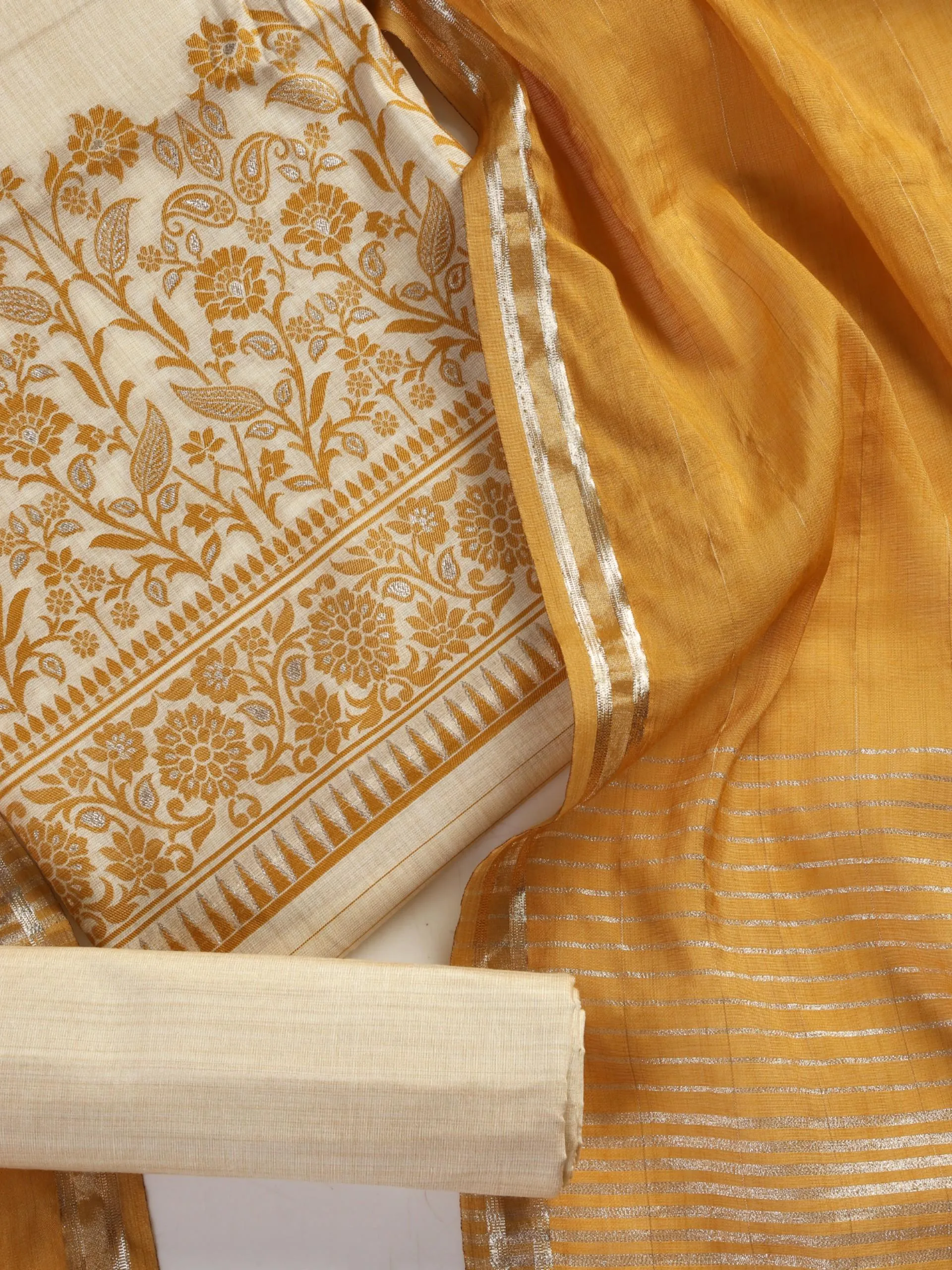 3 pc Unstitched Suit SET - Yellow Jacquard Paisley Kurta with Zari Dupatta and Pyjama