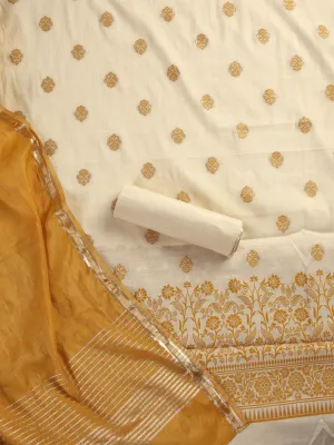 3 pc Unstitched Suit SET - Yellow Jacquard Paisley Kurta with Zari Dupatta and Pyjama