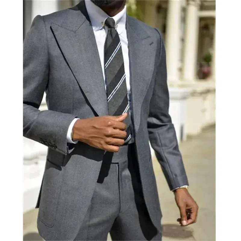 Aidase Formal Men's Suits Dark Grey Peak Lapel One Button Blazer Slim Fit Elegant Wedding 2 Piece Jacket Pants Costume Homme Blazer