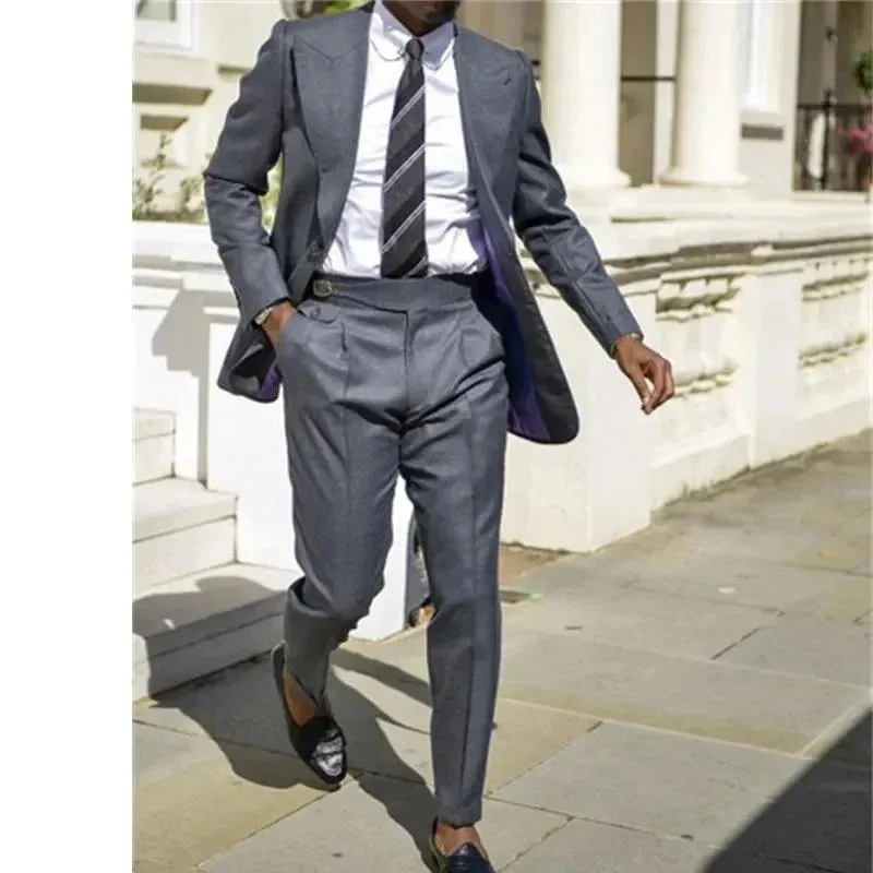 Aidase Formal Men's Suits Dark Grey Peak Lapel One Button Blazer Slim Fit Elegant Wedding 2 Piece Jacket Pants Costume Homme Blazer