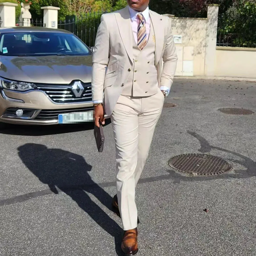 Aidase Luxury Beige Men Suits Single Breasted Peak Lapel Slim Fit Costume Homme Formal Elegant 3 Piece Jacket Pants Vest Blazer Terno