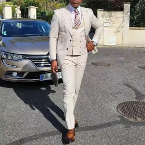 Aidase Luxury Beige Men Suits Single Breasted Peak Lapel Slim Fit Costume Homme Formal Elegant 3 Piece Jacket Pants Vest Blazer Terno