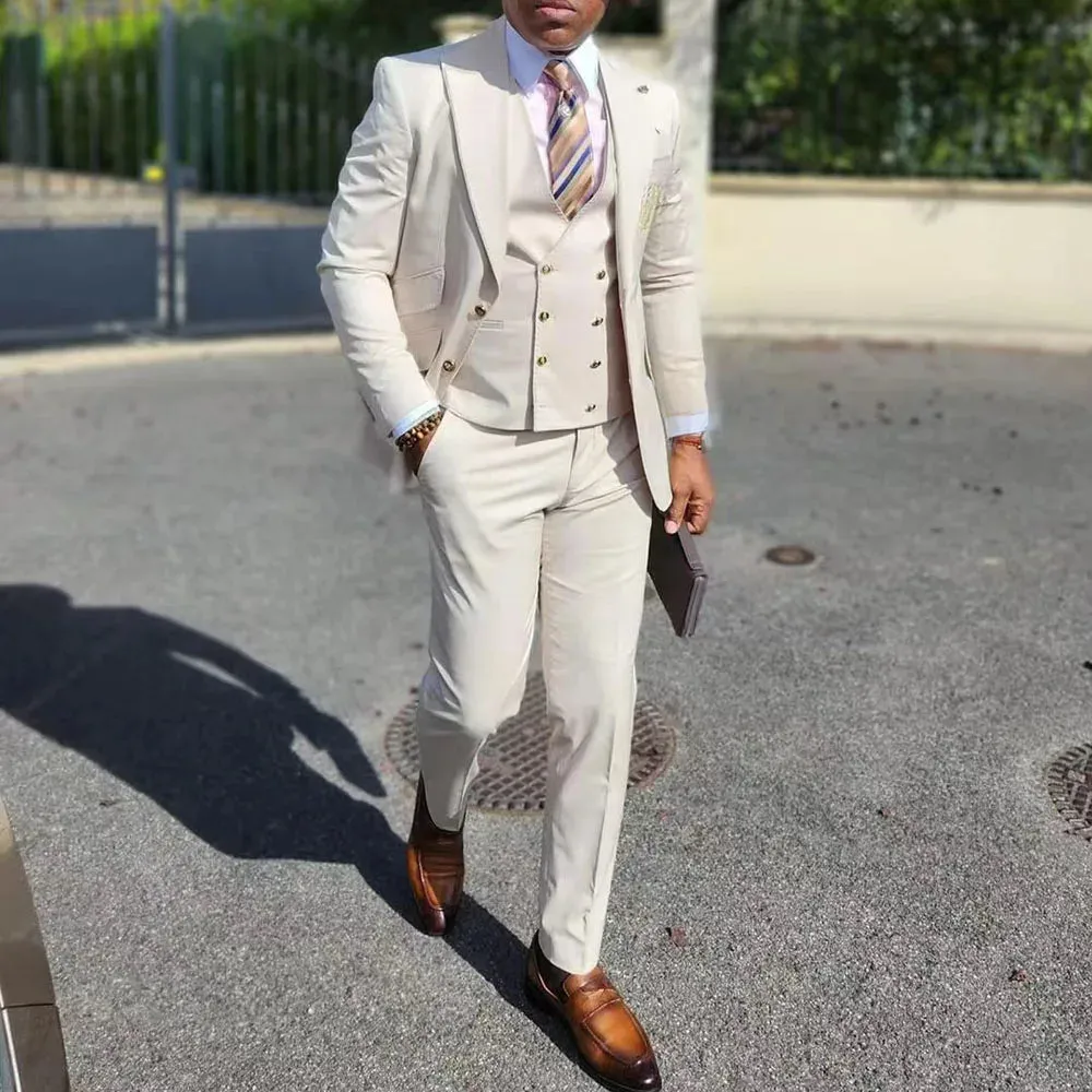 Aidase Luxury Beige Men Suits Single Breasted Peak Lapel Slim Fit Costume Homme Formal Elegant 3 Piece Jacket Pants Vest Blazer Terno