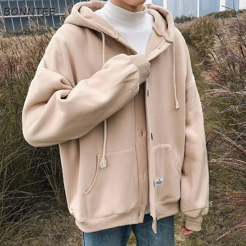 Aidase  Men With Hat Hoodies Single Breasted Loose Casual Plus Velvet Chic Fashion Harajuku Large Size S-3XL Warm All-match Basic Coats