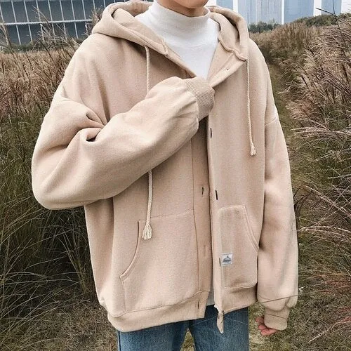 Aidase  Men With Hat Hoodies Single Breasted Loose Casual Plus Velvet Chic Fashion Harajuku Large Size S-3XL Warm All-match Basic Coats