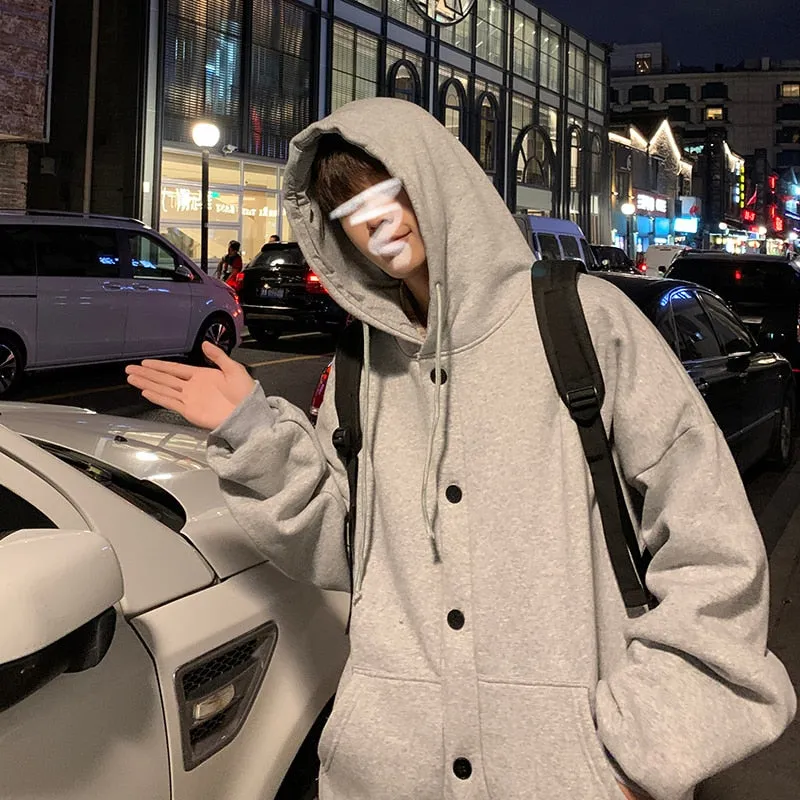 Aidase  Men With Hat Hoodies Single Breasted Loose Casual Plus Velvet Chic Fashion Harajuku Large Size S-3XL Warm All-match Basic Coats