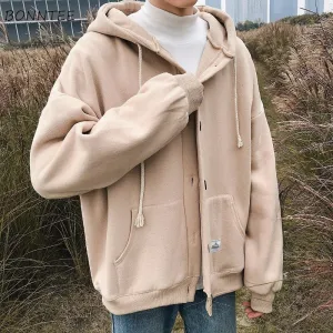Aidase  Men With Hat Hoodies Single Breasted Loose Casual Plus Velvet Chic Fashion Harajuku Large Size S-3XL Warm All-match Basic Coats
