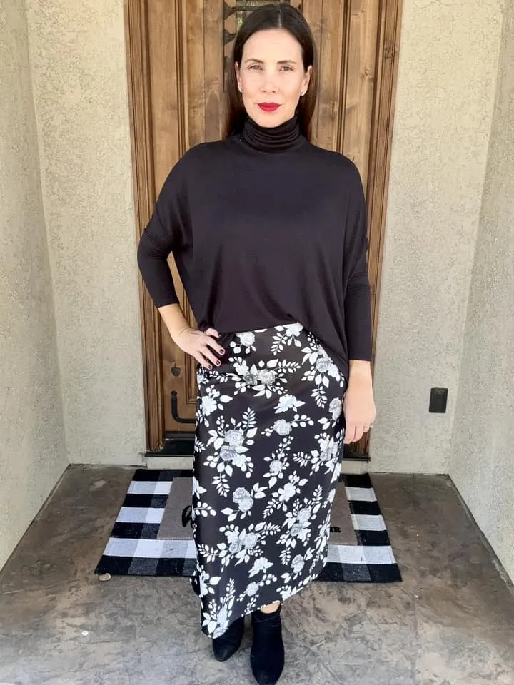 AUTUMN SATIN MIDI SKIRT - BLACK FLORAL