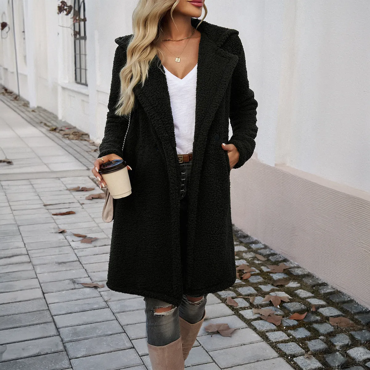 Casual Loose Hooded Knit Plush Jackets & Coats Wholesale Womens Clothing N3824073100082