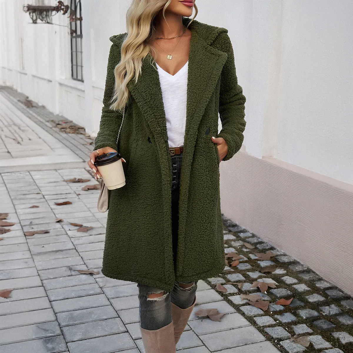 Casual Loose Hooded Knit Plush Jackets & Coats Wholesale Womens Clothing N3824073100082