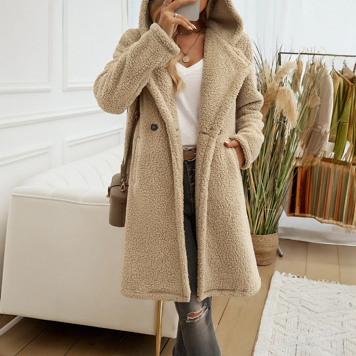 Casual Loose Hooded Knit Plush Jackets & Coats Wholesale Womens Clothing N3824073100082