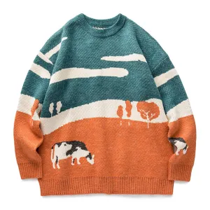 Cow Vintage Winter Knit Streetwear Oversize