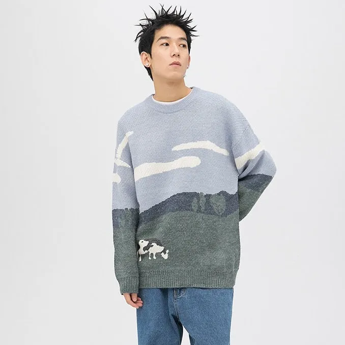 Cow Vintage Winter Knit Streetwear Oversize