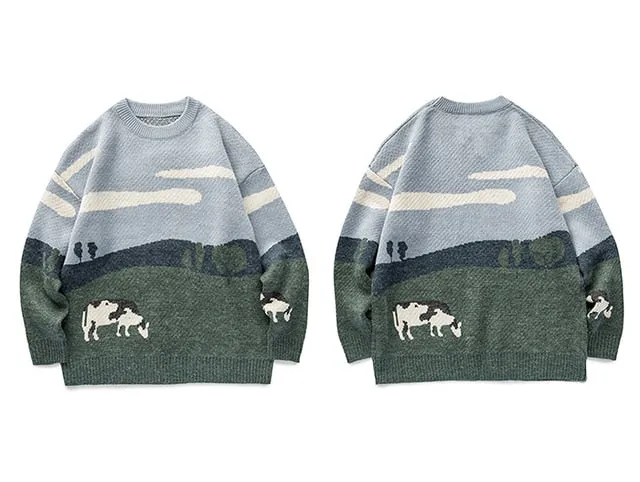 Cow Vintage Winter Knit Streetwear Oversize