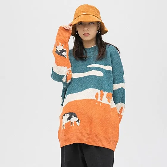 Cow Vintage Winter Knit Streetwear Oversize