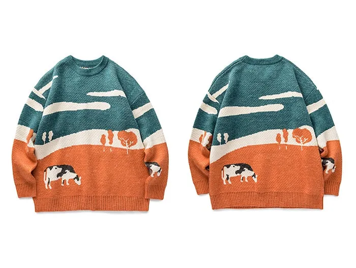 Cow Vintage Winter Knit Streetwear Oversize