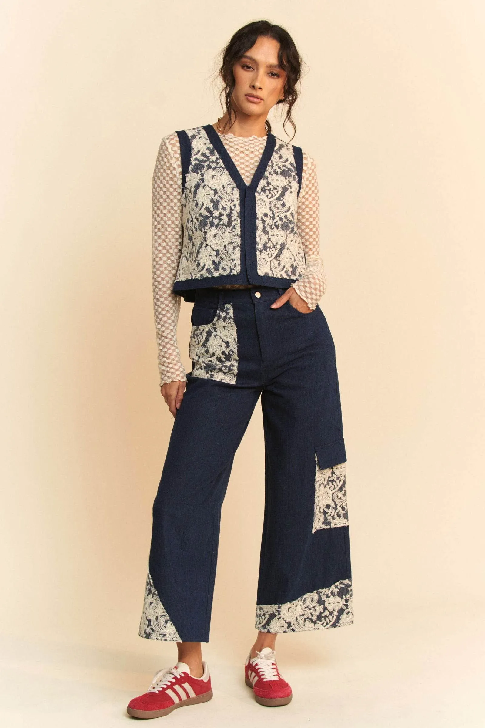 Davi & Dani Lace Patch Open Front Denim Vest In Dark