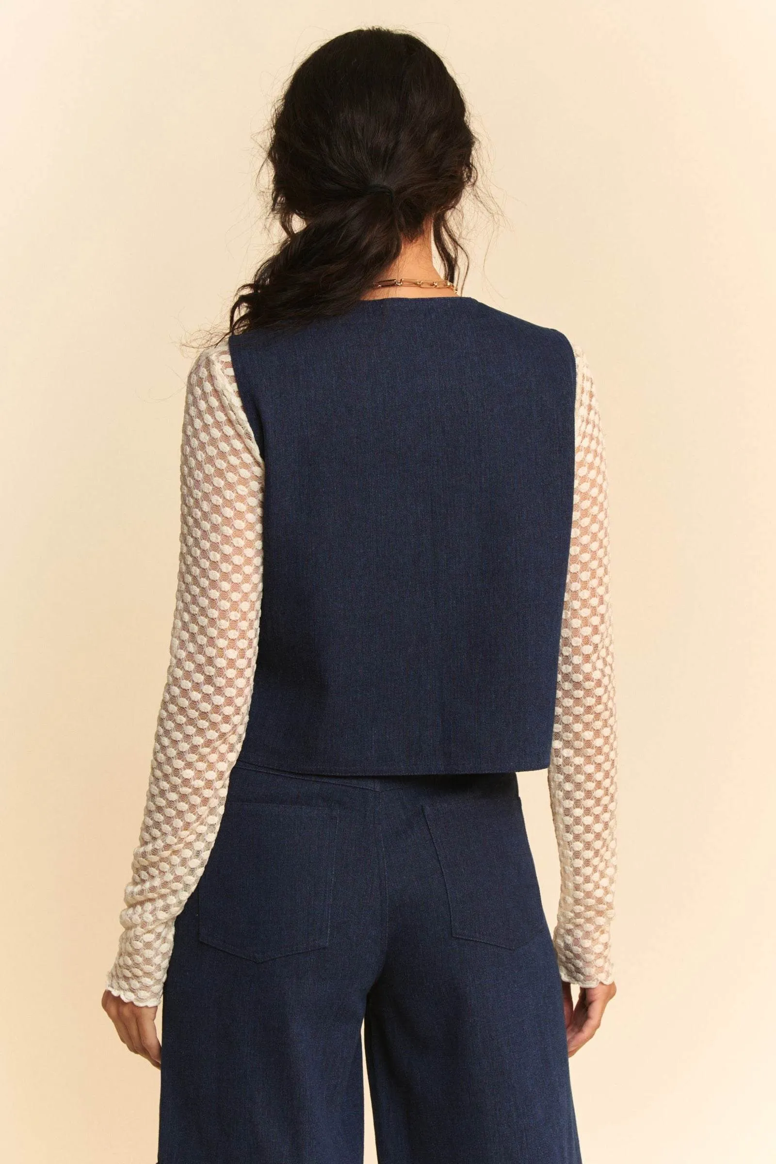 Davi & Dani Lace Patch Open Front Denim Vest In Dark