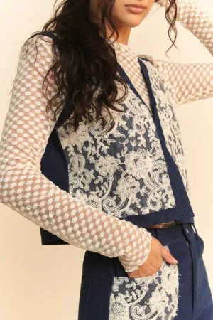 Davi & Dani Lace Patch Open Front Denim Vest In Dark