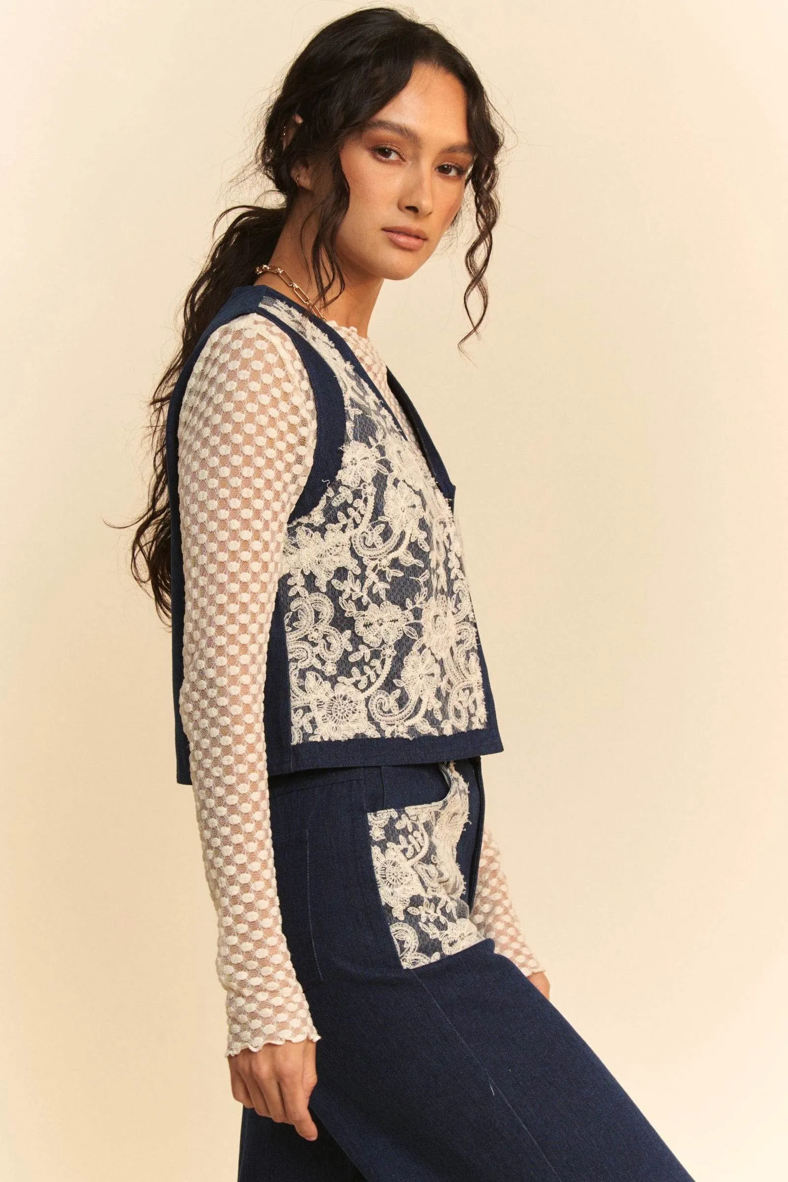 Davi & Dani Lace Patch Open Front Denim Vest In Dark