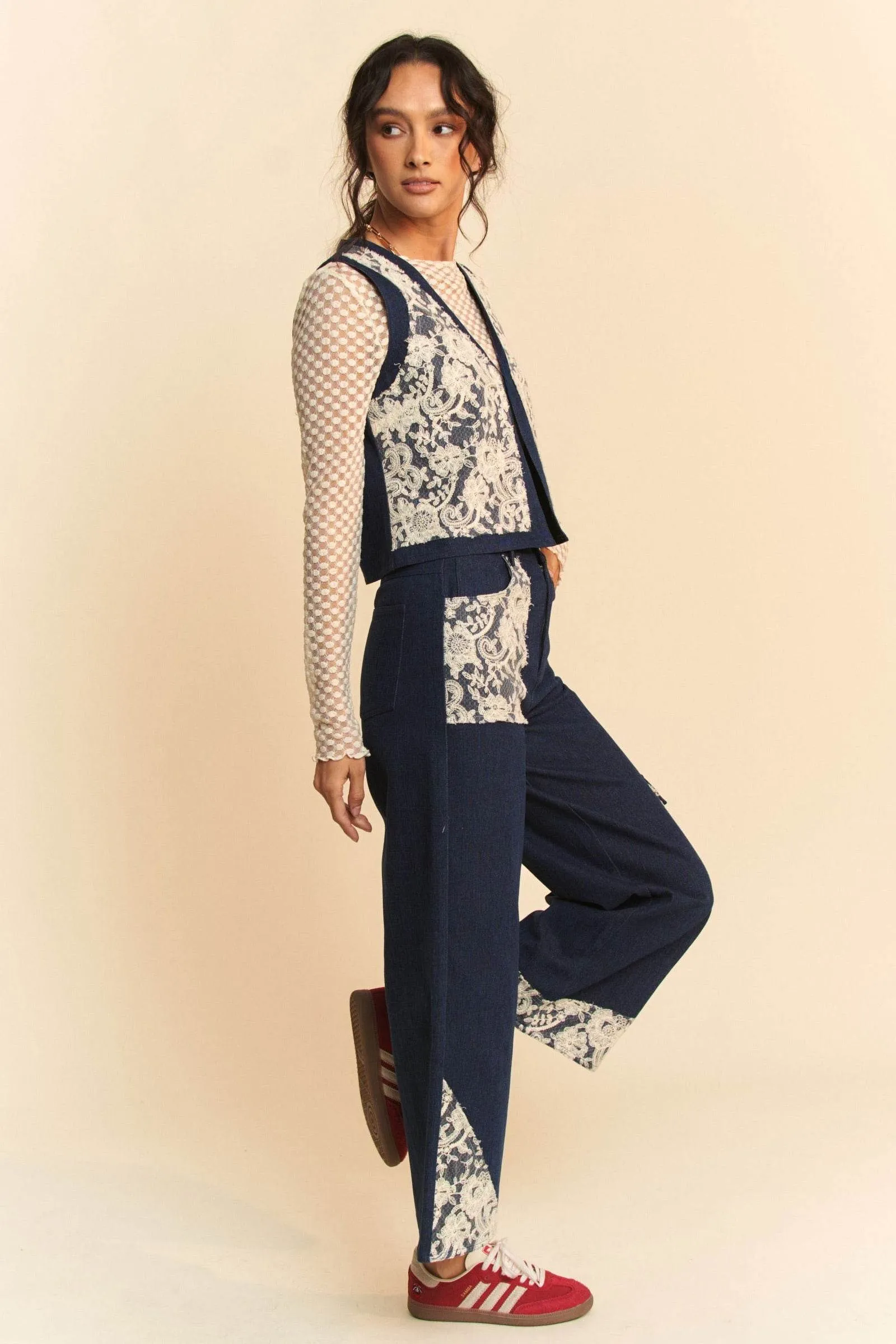 Davi & Dani Lace Patch Open Front Denim Vest In Dark
