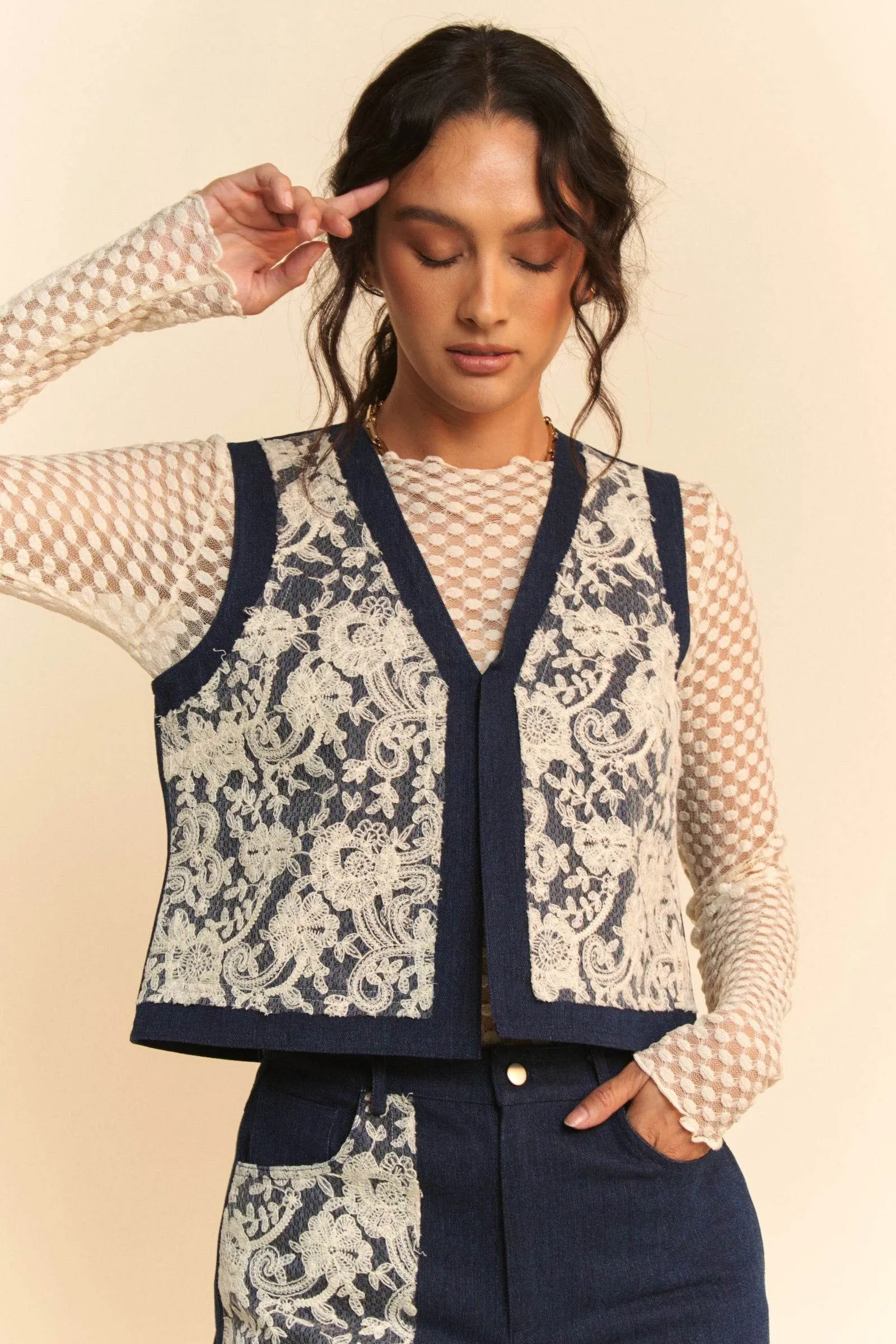 Davi & Dani Lace Patch Open Front Denim Vest In Dark