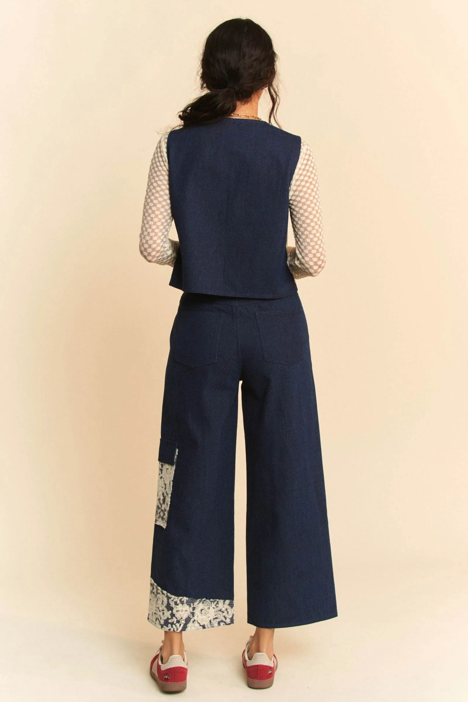 Davi & Dani Lace Patch Open Front Denim Vest In Dark