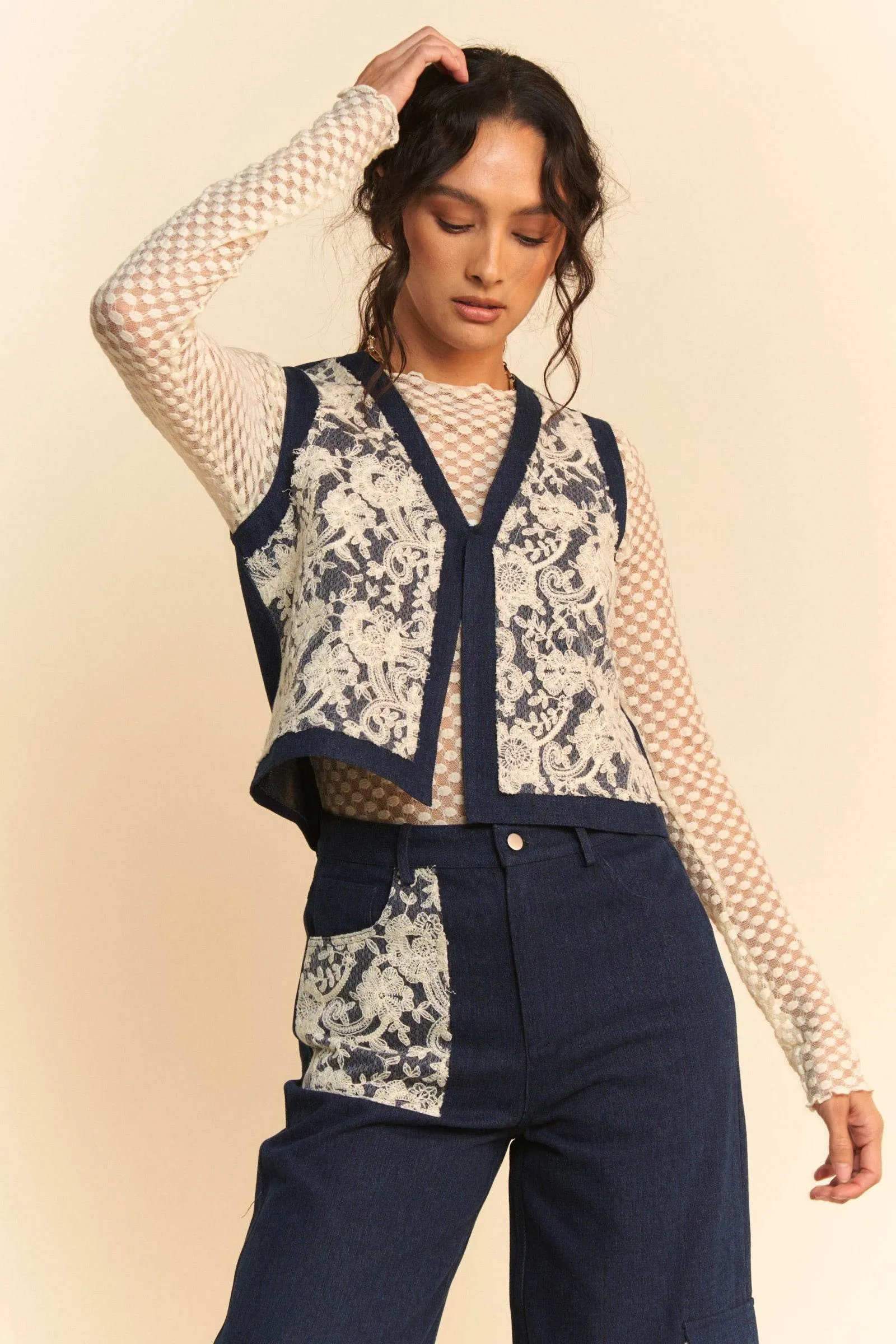 Davi & Dani Lace Patch Open Front Denim Vest In Dark