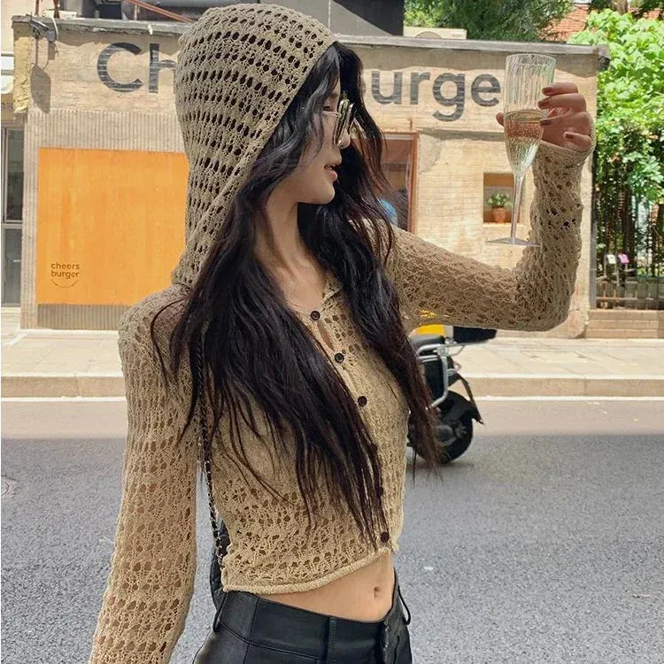 Grunge Thin Hollow Out Vintage Sexy Cardigan Coats Hooded All Match Knitted Sweaters Y2k Women Fashion Casual Crop Tops