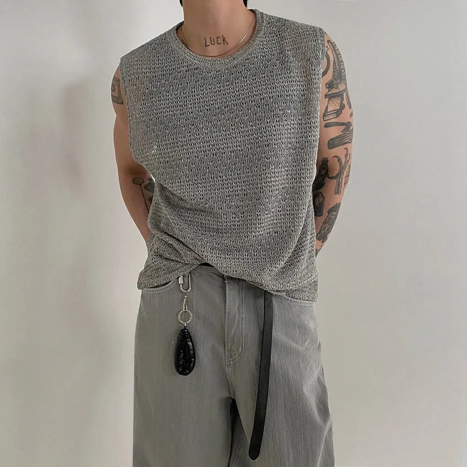Jinquedai Hollow Out Knitted Tank Top For Men 2024 Summer Loose Sleeveless T-shirt Korean Style Trendy Round Collar Vests