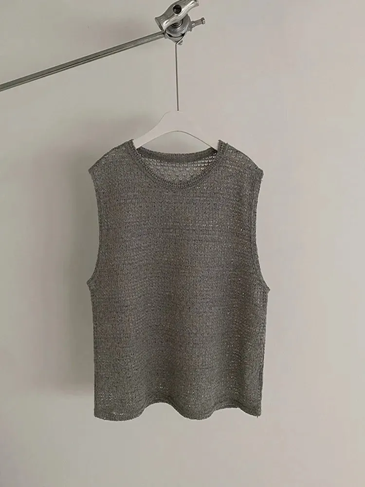 Jinquedai Hollow Out Knitted Tank Top For Men 2024 Summer Loose Sleeveless T-shirt Korean Style Trendy Round Collar Vests