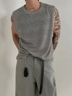 Jinquedai Hollow Out Knitted Tank Top For Men 2024 Summer Loose Sleeveless T-shirt Korean Style Trendy Round Collar Vests