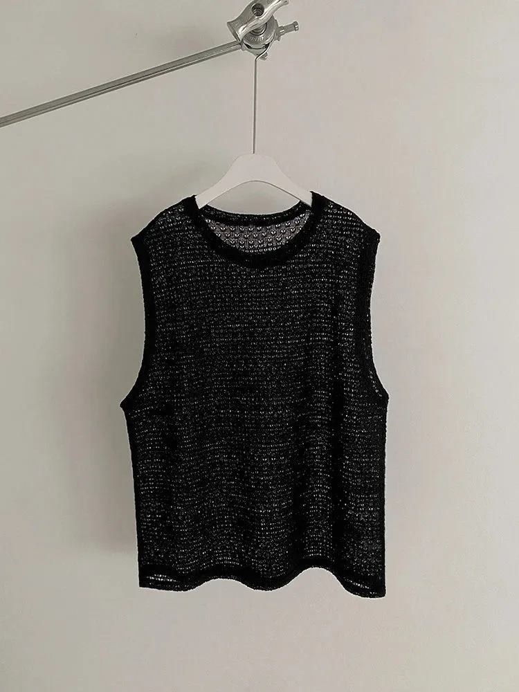 Jinquedai Hollow Out Knitted Tank Top For Men 2024 Summer Loose Sleeveless T-shirt Korean Style Trendy Round Collar Vests