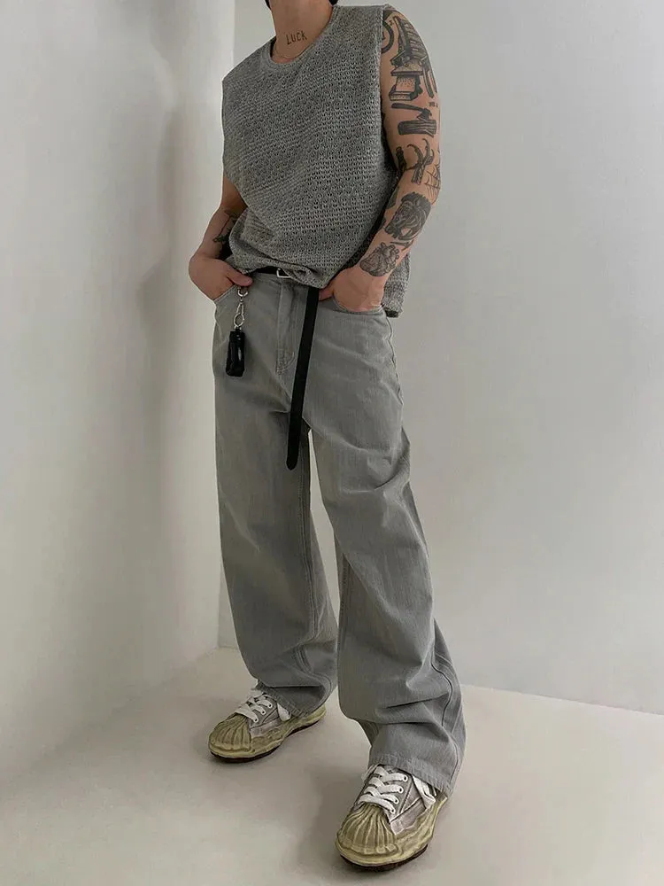 Jinquedai Hollow Out Knitted Tank Top For Men 2024 Summer Loose Sleeveless T-shirt Korean Style Trendy Round Collar Vests
