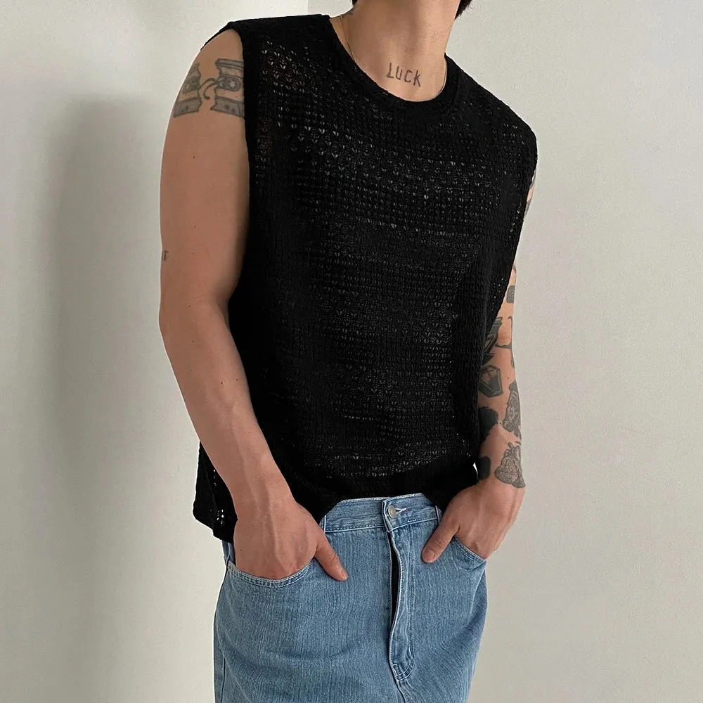 Jinquedai Hollow Out Knitted Tank Top For Men 2024 Summer Loose Sleeveless T-shirt Korean Style Trendy Round Collar Vests