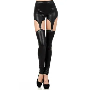 Leggings Women Pants Fashion Faux Leather Tight Suspender Punk Buckle Waist Garter Overknee Stockings