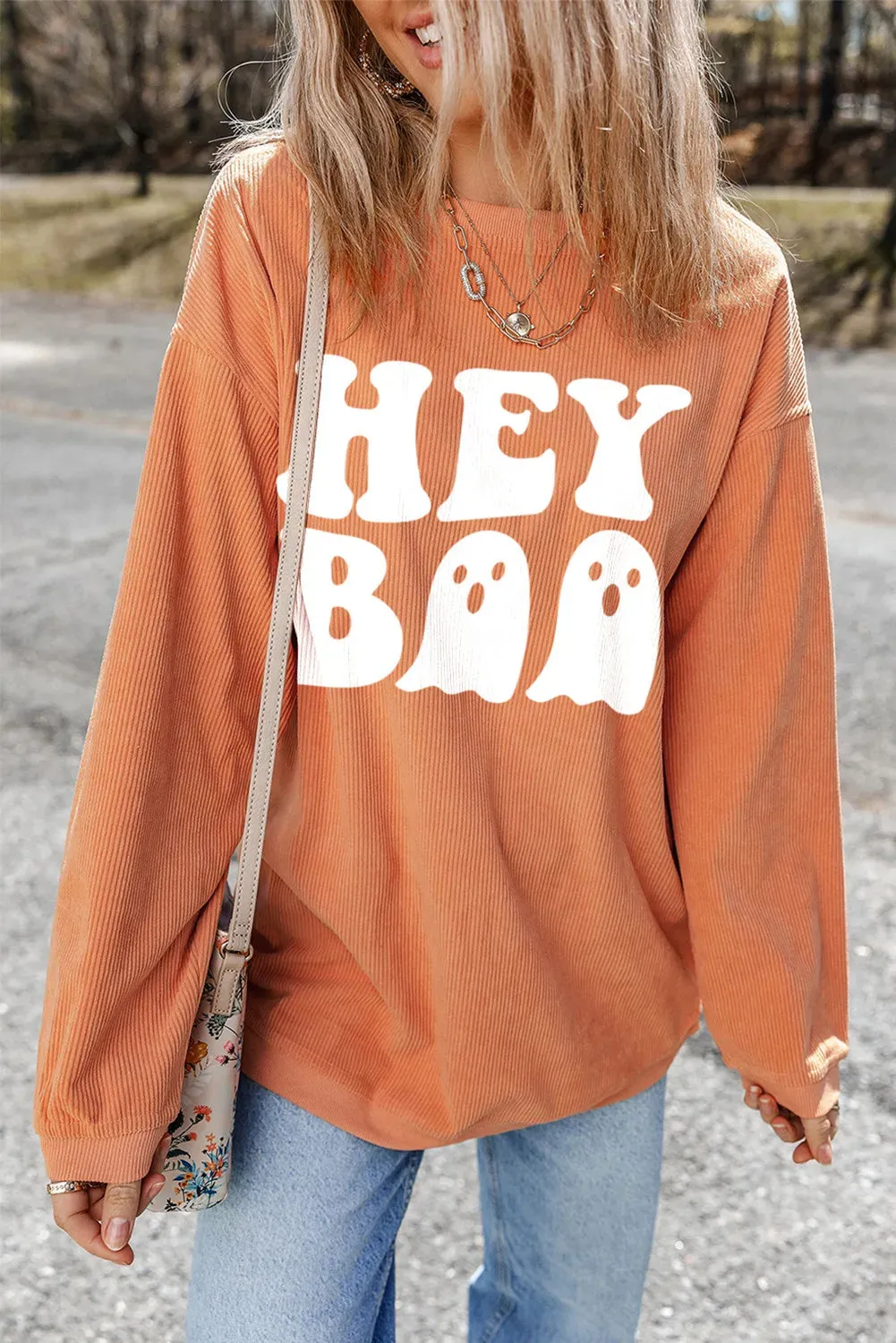Letter Graphic Round Neck Long Sleeve Sweatshirt, Hey Boo