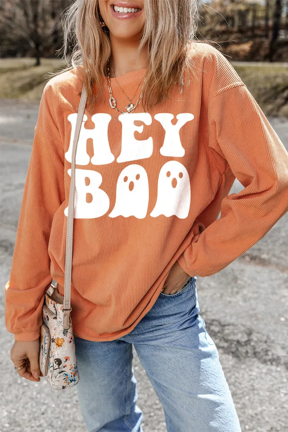Letter Graphic Round Neck Long Sleeve Sweatshirt, Hey Boo