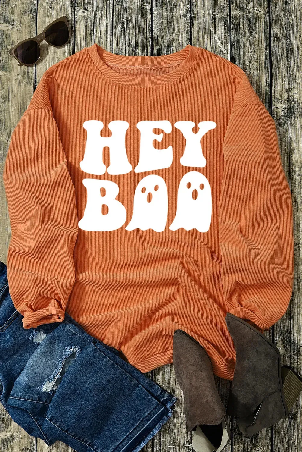 Letter Graphic Round Neck Long Sleeve Sweatshirt, Hey Boo
