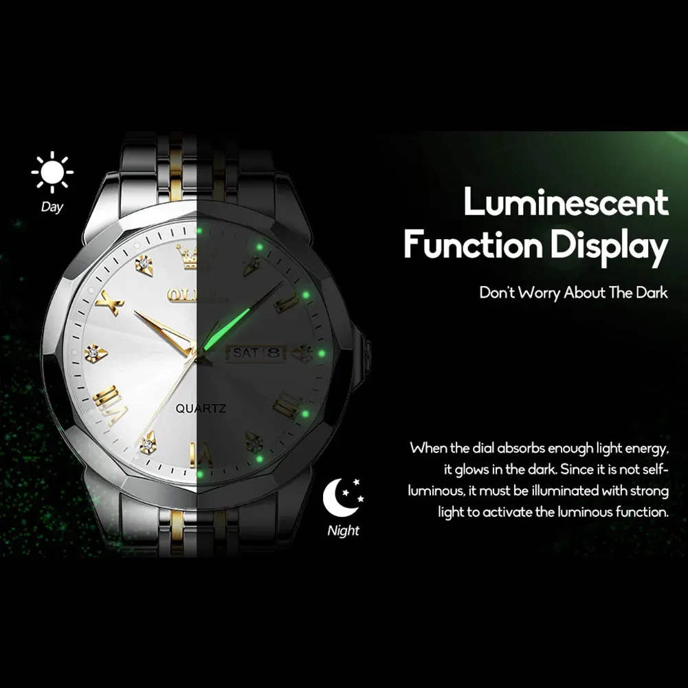 Luxury Silver Watches for Men Gold and Silver Stainless Steel Large Face Men Watch with Day Date Dress Waterproof Classic Diamond Men'S Wrist Watches Fashion Luminous