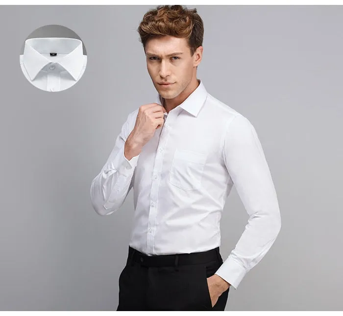Men's Classic Long Sleeve Solid Basics Dress Shirts Comfortable Soft Formal Business Standard-fit Twill Work Office White Shirt