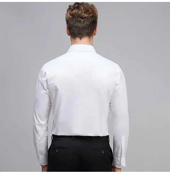Men's Classic Long Sleeve Solid Basics Dress Shirts Comfortable Soft Formal Business Standard-fit Twill Work Office White Shirt