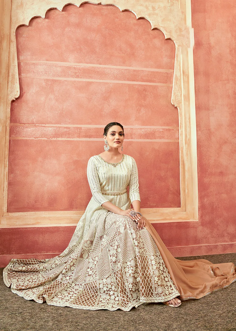 Off White & Rust Georgette Embroidered Festive Anarkali Suit