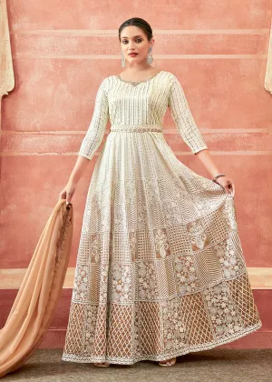 Off White & Rust Georgette Embroidered Festive Anarkali Suit