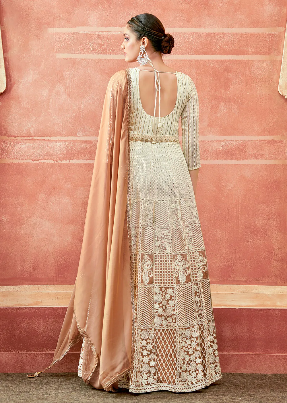Off White & Rust Georgette Embroidered Festive Anarkali Suit