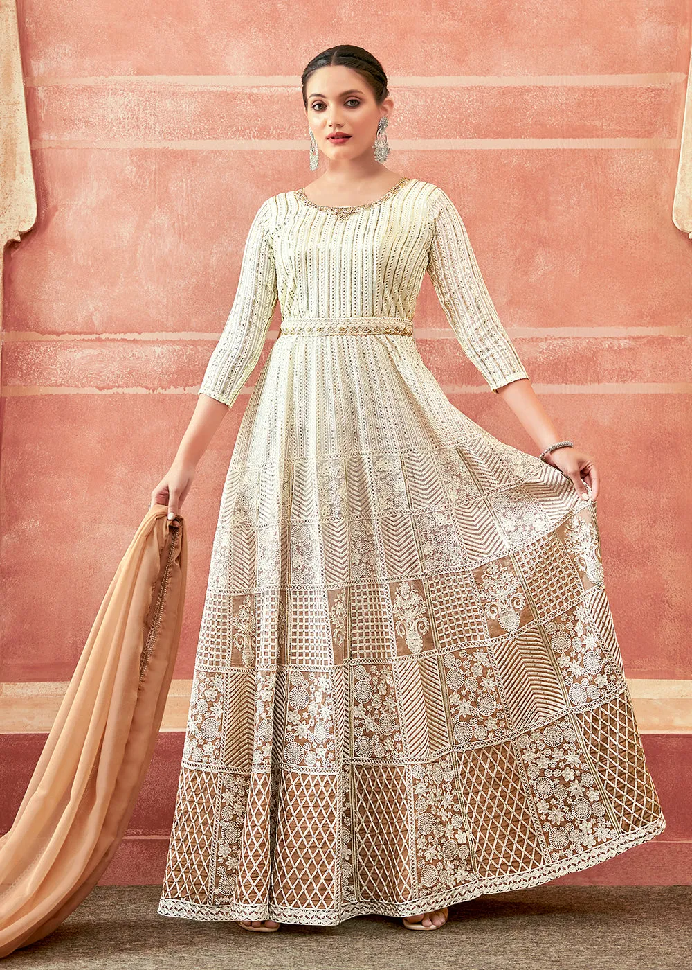 Off White & Rust Georgette Embroidered Festive Anarkali Suit