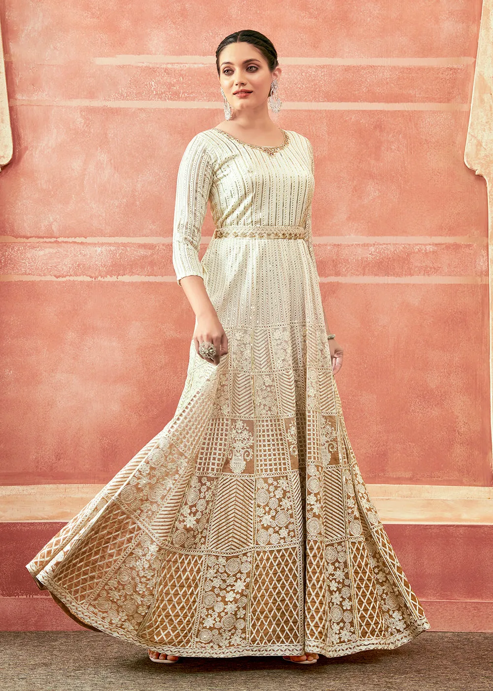 Off White & Rust Georgette Embroidered Festive Anarkali Suit
