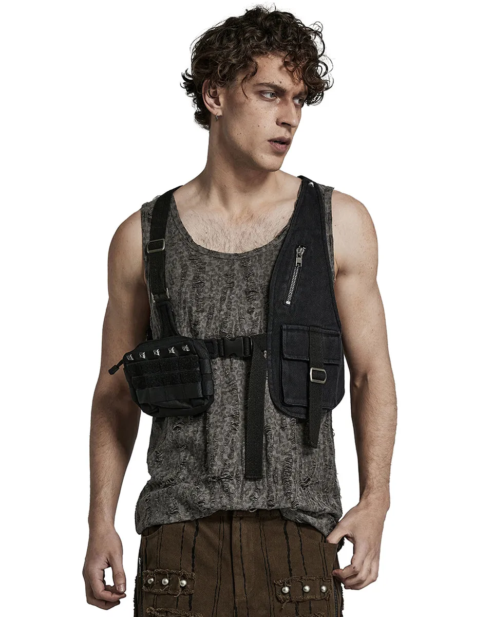 Punk Rave Mens Gothic Apocalyptic Tactical Utility Pockets Studded Harness Top